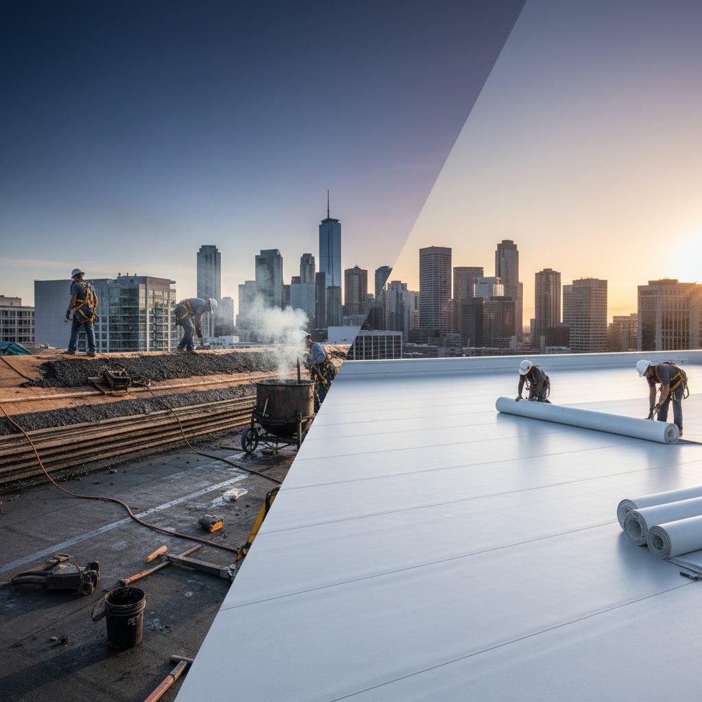 Commercial flat roof installation comparing built up roofing and single ply membrane systems