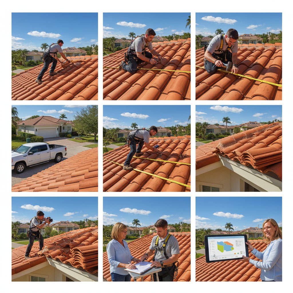 Professional roofing contractor inspecting tile roof with clipboard and safety equipment
