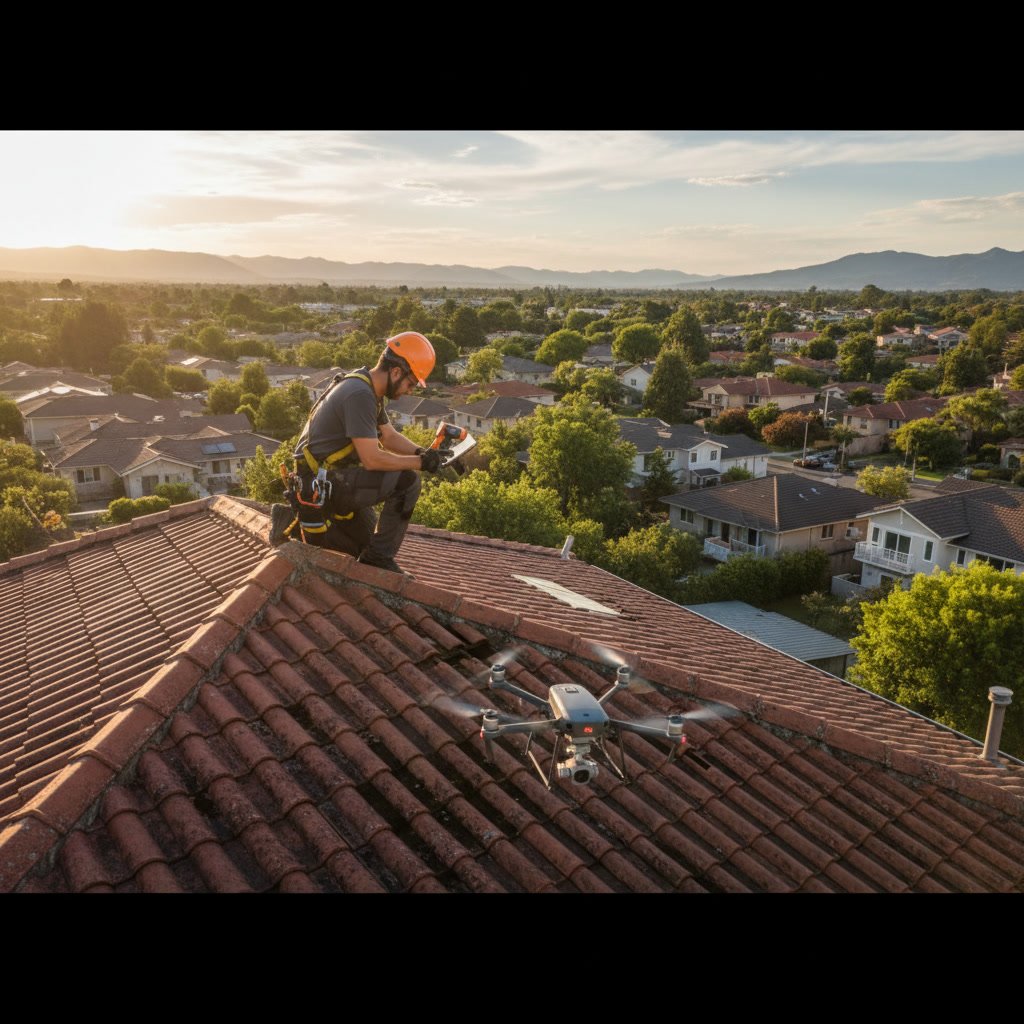 Professional roofing inspector examining residential roof during detailed inspection