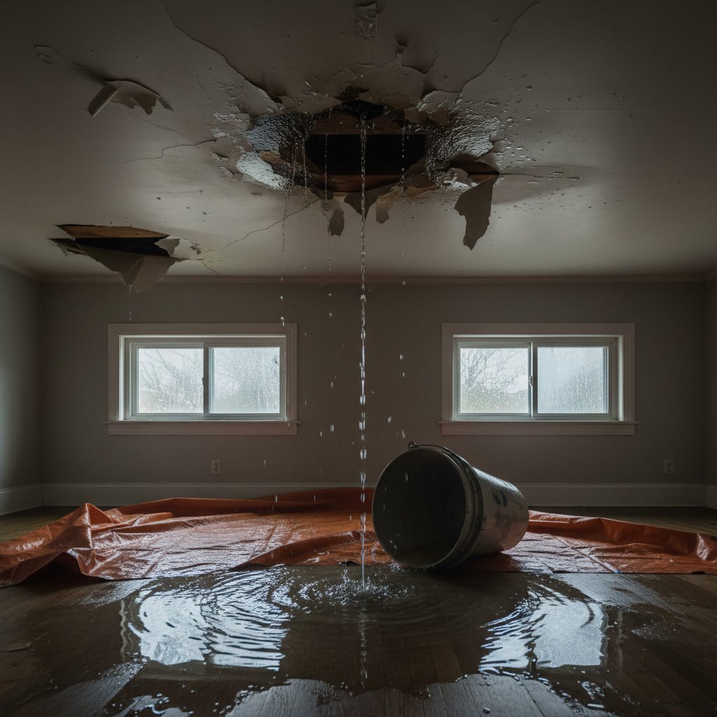Water dripping from a sagging ceiling showing signs of a roof leak emergency