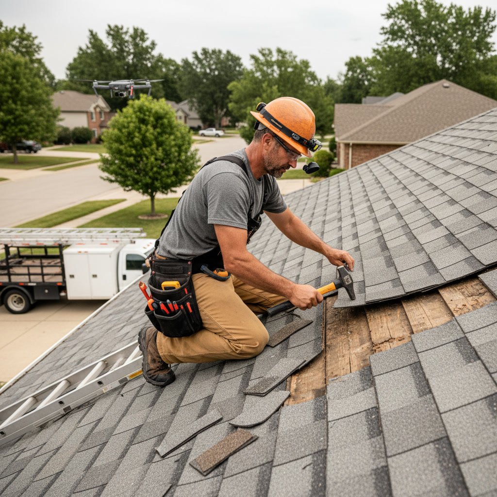 Professional roofing contractor performing detailed roof inspection and damage assessment