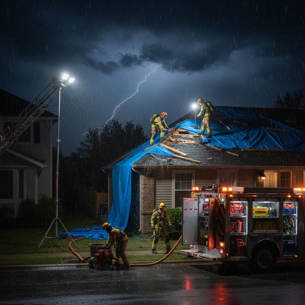 Professional roofing contractor performing emergency tarping service for roof leak
