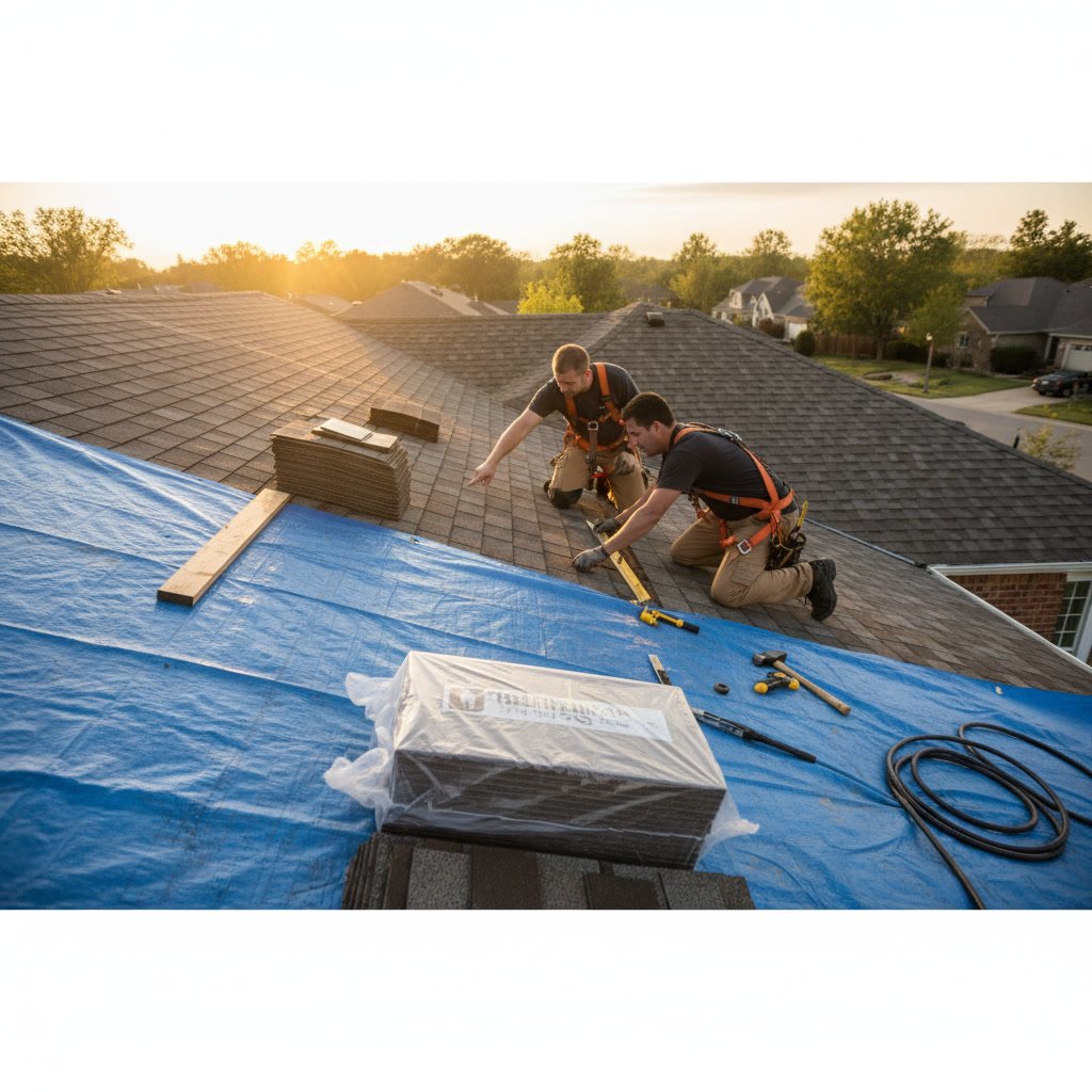Roofing crew performing final quality inspection and cleanup after repair