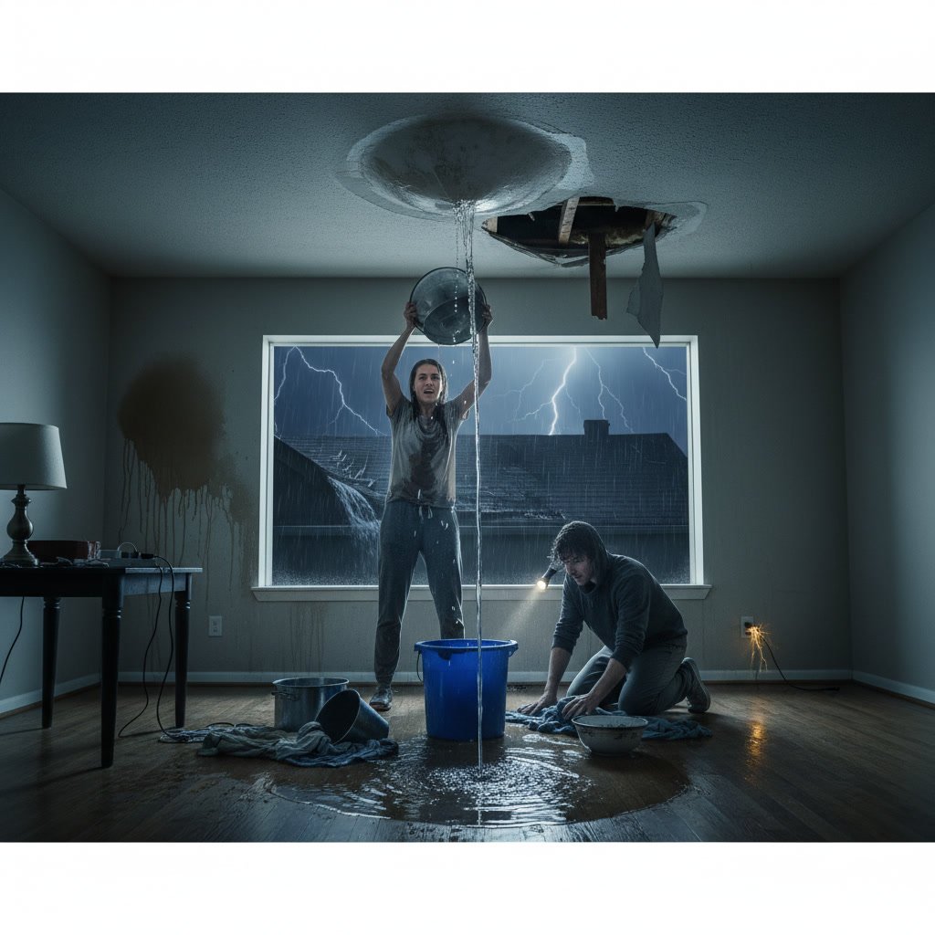 Homeowner discovering a roof leak and assessing whether it requires emergency repair