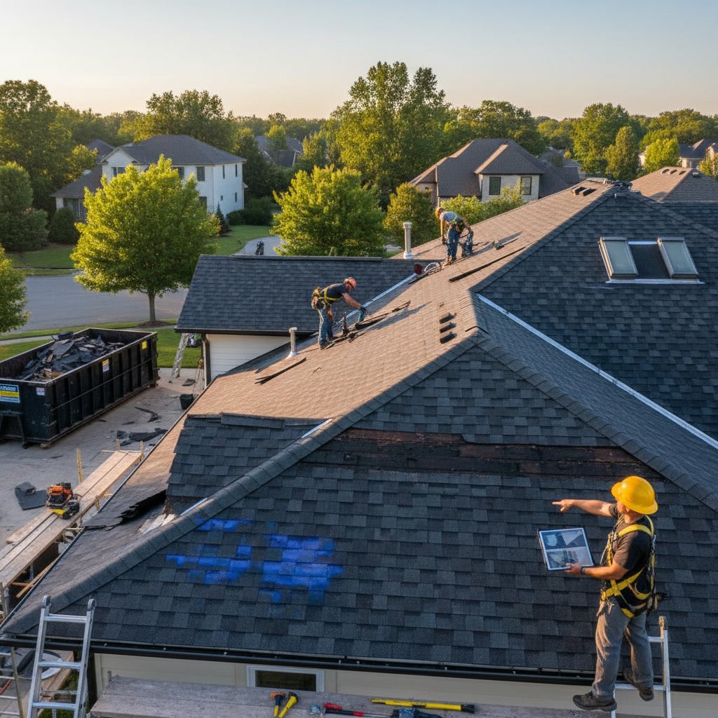 Professional roofing contractor inspecting and documenting roof damage during repair assessment